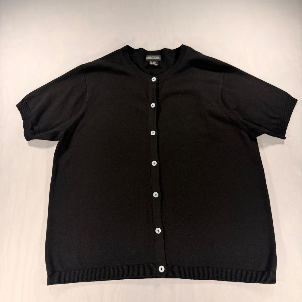 Ambitions Cardigan Women XL Black Silk Cotton Short Sleeve Button Front Knit